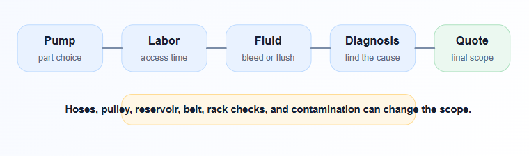 Hydraulic power steering fluid path showing reservoir, pump, steering rack or gear, pressure line, return line, and wheels