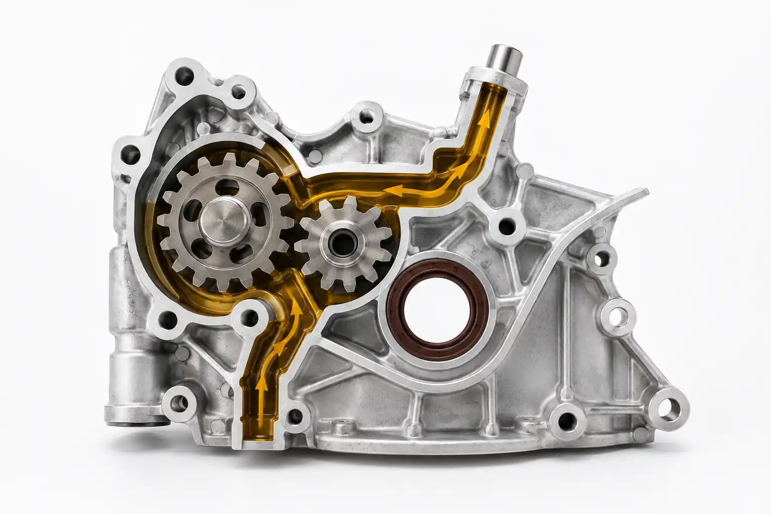 utomotive oil pump with optimized oil pickup and passages